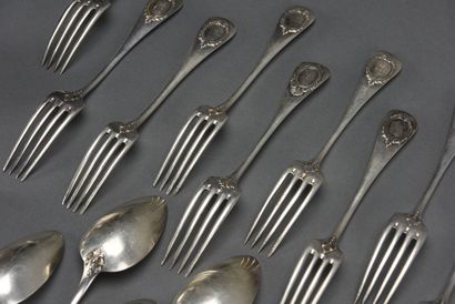 null Thirteen forks and twenty-eight spoons in silver uniplat model the spatula is...