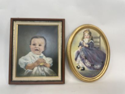 null Colette GENESTY 

Portrait d'un jeune enfant et une poupée 

huile sur toile...