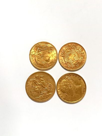 2 souverains anglais, 2 pièces de 20F suisse...