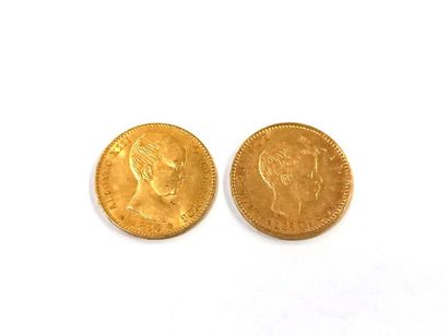 Deux pièces en or 20 pesetas Espagne Alphonso...