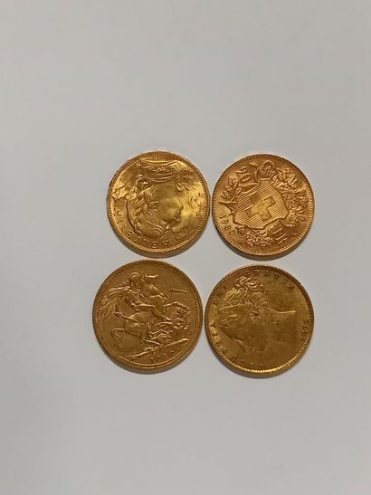 2 souverains anglais, 2 pièces de 20F suisse...
