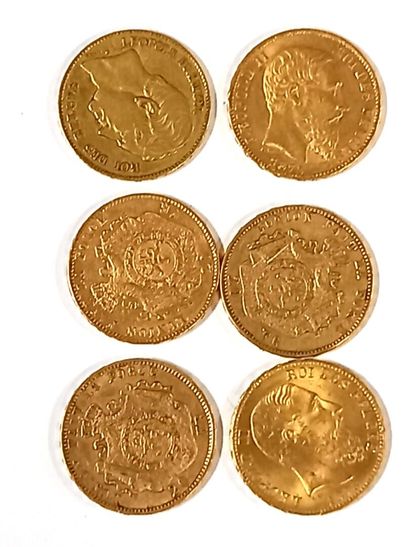 Six pièces de 20 francs belges en or 