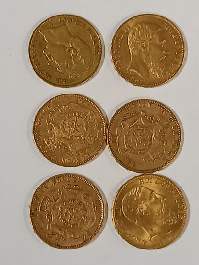 Six pièces de 20 francs belges en or 