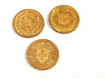 null Trois pièces en or 20 francs Suisse