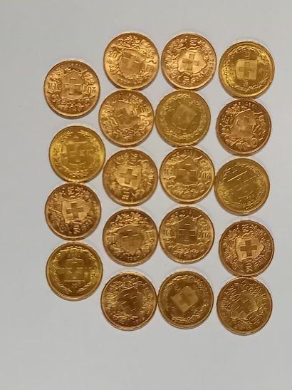 Dix neuf pièces de 20 francs Suiise en or...