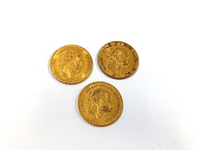 Trois pièces en or 20 francs / 8 forints...