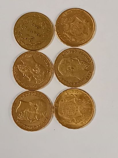null Six pièces de 20 francs belges en or
