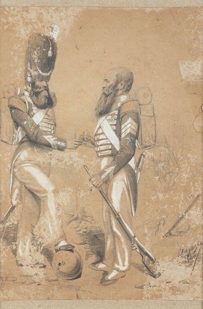 null Dessin représentant deux soldats du génie de l'armée napoléonienne daté 1846.
30...