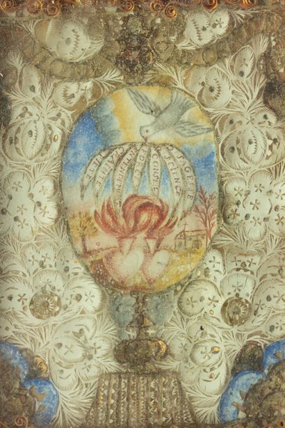 null Paperolle centered with a gouache representing the Holy Spirit warming hearts,...