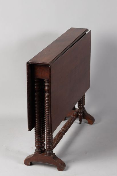null Mahogany and mahogany veneer gate-leg table, turned wood ringed base joined...