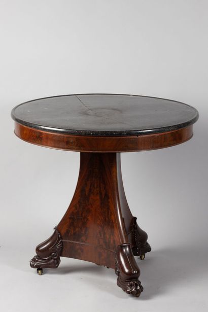 null Mahogany and mahogany veneer pedestal table, flared shaft ending in claws. Black...
