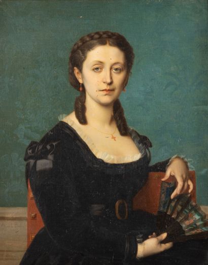 null Auguste DE LA BRÉLY (1838-1906)
Portrait de femme à l éventail et robe noir
Huile...