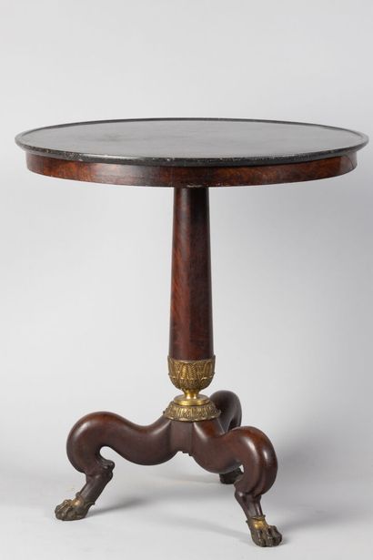 null Mahogany and mahogany veneer tripod pedestal table with a baluster shaft resting...