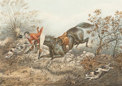 null Suite de cinq gravures anglaises illustrant des scènes de chasse à coure.
E...