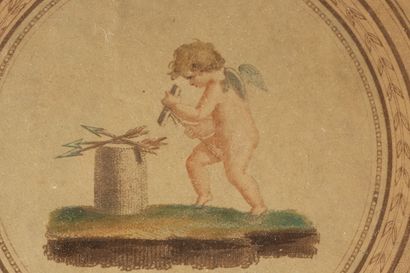 null Paire de médaillons ornés de gravures aquarellées sur le thème de Cupidon :...
