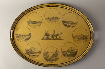 null Oval tray in yellow lacquered sheet metal, decorated with images of German cities:...