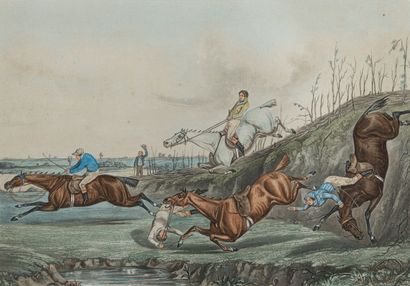 null Suite de cinq gravures anglaises illustrant des scènes de chasse à coure.
E...