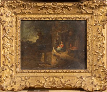 null Ecole flamande 17ème siècle 
Femme Filant 
Huile sur cuivre 
15 x 19 cm 
(e...