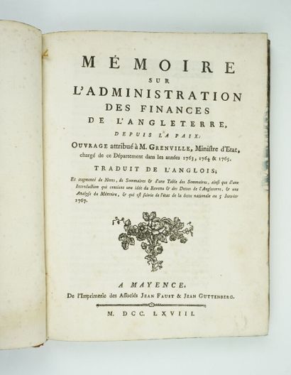 null GRENVILLE (George): Memoir on the administration of the finances of England,...