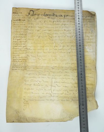 null Parchemin de 1581. 40 par 30 cm. 6 pages manuscrites et deux blanches. Très...