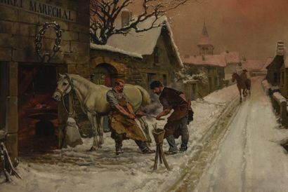 null Théodore LEVIGNE (1848-1912).
The blacksmith in winter.
Oil on canvas.
Signed...