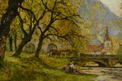 null Georges Jules MOTELEY (1865-1923).
Animated landscape at La Frasnée (Jura).
Oil...