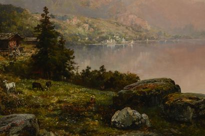 null Theodore LEVIGNE (1848-1912)
Landscape with mountain river and goats
Oil on...