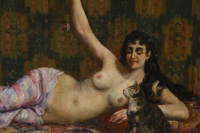null Ulysse LEQUIEN (1900-1945)
Odalisque playing with her cat
oil on canvas, signed...