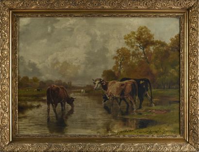 null Théodore LEVIGNE (1848-1912).
Cows drinking, 1911.
Oil on canvas.
Signed, dated...