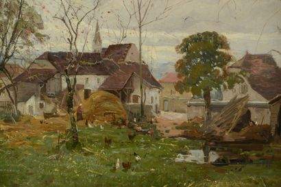 null Joseph MILLION (1861-1931).
Peasant woman and her chickens near a hamlet.
Oil...