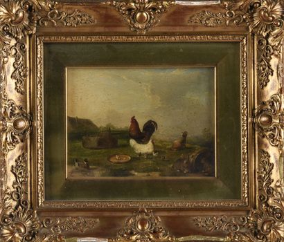 null François Van DEVERDONK (1848-1875)
Barnyard with chickens and rabbit 
Oil on...