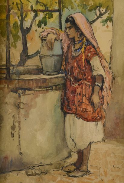 null Eugène VILLON (1879-1951).
Moorish Woman at the Well, 1923.
Watercolor on paper;
Signed...