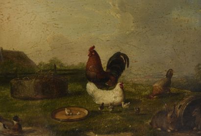 null François Van DEVERDONK (1848-1875)
Barnyard with chickens and rabbit 
Oil on...