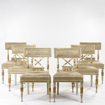 Suite of six chairs in lacquered and gilded...