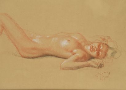 null Fernand MAJOREL (1878-1965)
Female nude 
Drawing with three pencils on beige...