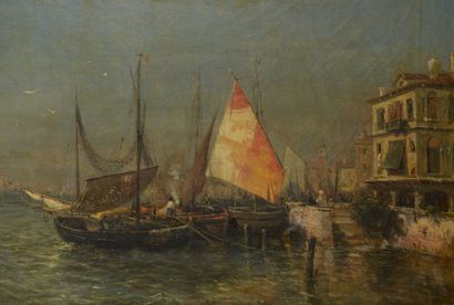 null French school of the second half of the 19th century.
Boats in Venice 
Oil on...