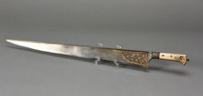 null KINDJAL, bone handle, T-shaped blade, velvet scabbard, gilded and openwork steel...