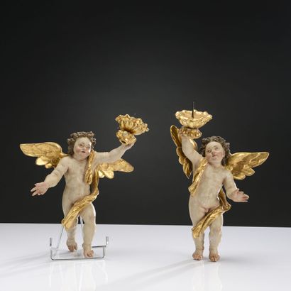 Pair of cherubs in polychrome and gilded...