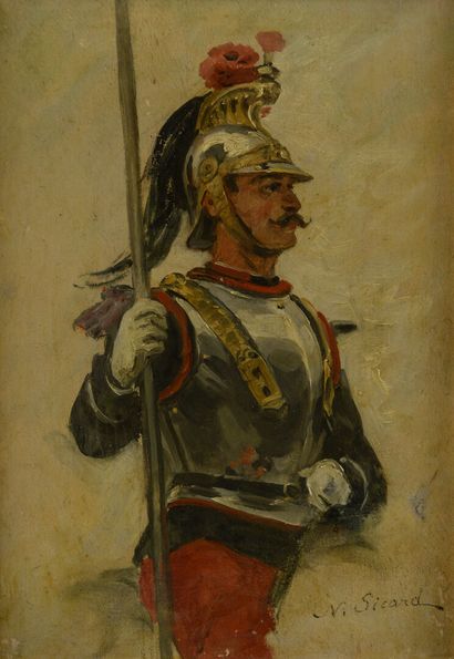 null Nicolas SICARD (1840-1920).
Cuirassier on horseback, study.
Oil on panel.
Signed...