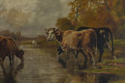 null Théodore LEVIGNE (1848-1912).
Cows drinking, 1911.
Oil on canvas.
Signed, dated...