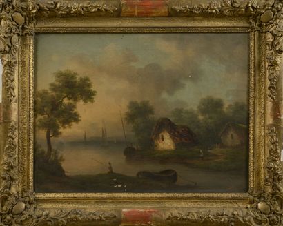 null DAGNY (French school of the XIX -th century).
Pair of fishermen landscapes.
Oil...