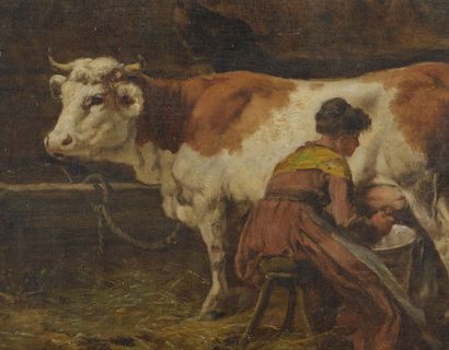 null Théodore LEVIGNE (1848-1912).
Vaches à l'étable 
Huile sur toile 
Signée 
54...