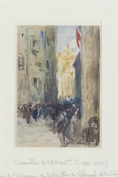 null Camille BOURGET (1861-1924)
View of a city with flags
Watercolor on paper
Signed...
