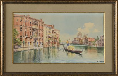 null Angelo SCARPA (XXth century).
In counterpart:
Gondolier on the Grand Canal.
Watercolor.
Signed...
