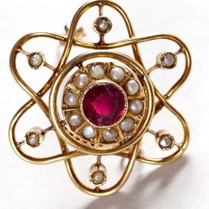 null Brooch in 18 K (750) yellow gold featuring a six-pointed star, stylized, adorned...