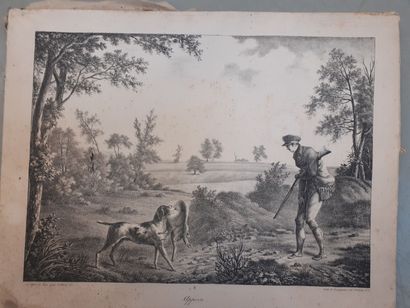 null Lot de trois lithographies sur la chasse 
La chasse à pied, la chasse au canard...
