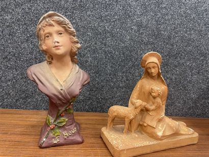 null Vierge avec Jésus enfant et un agneau 
Platre
Joint jeune femme sculpture en...