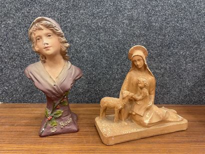null Vierge avec Jésus enfant et un agneau 
Platre
Joint jeune femme sculpture en...