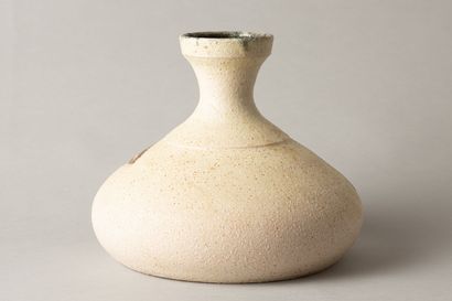 null ACCOLAY 
Vase of flattened form out of stoneware enamelled white with decoration...