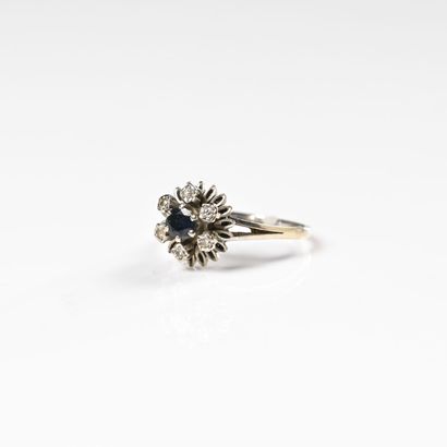 null Ring in 18K (750) white gold, bouquet of diamonds around a sapphire. Gross weight...